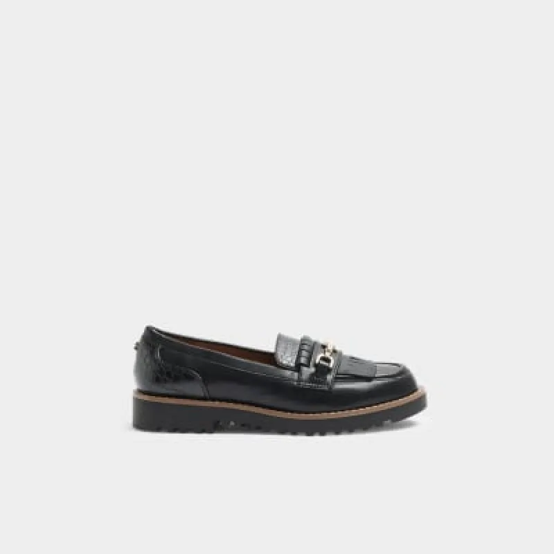 Black croc embossed fringe loafers sold by River Island