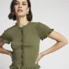 Khaki Ribbed Frill T-Shirt sold by River Island
