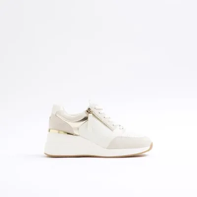 White faux leather Panel Zip Wedge Trainers sold by River Island