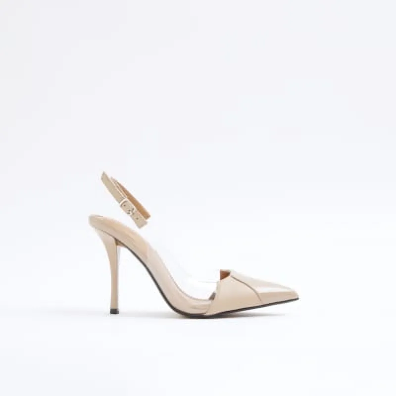 Beige perspex panel heeled court shoes sold by River Island