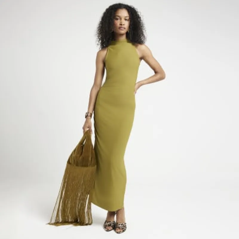 Green Ruched High Neck Bodycon Midi Dress sold by River Island