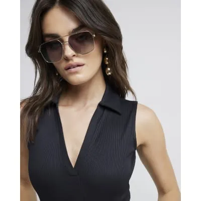 Black ribbed collared bodysuit sold by River Island