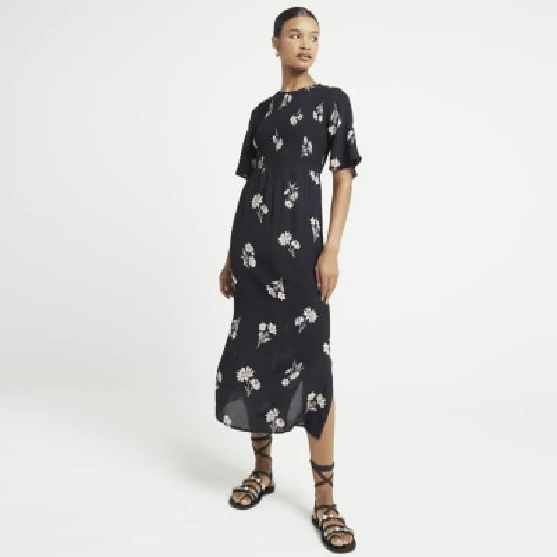 Black floral flute sleeve swing midi dress sold by River Island