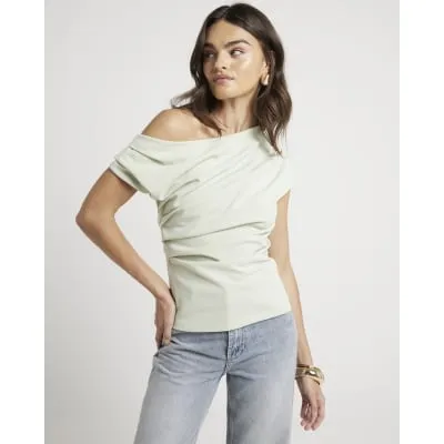 Green Off Shoulder Drape Top sold by River Island