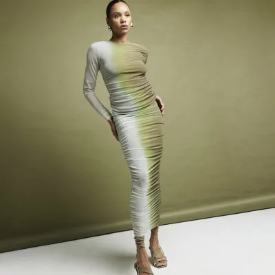 Green mesh ombre ruched midi skirt sold by River Island