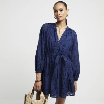 Navy Broderie Belted Mini Shirt Dress sold by River Island