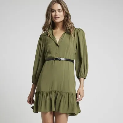 Khaki belted peplum mini shirt dress sold by River Island