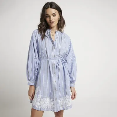 Blue stripe broderie mini shirt dress sold by River Island