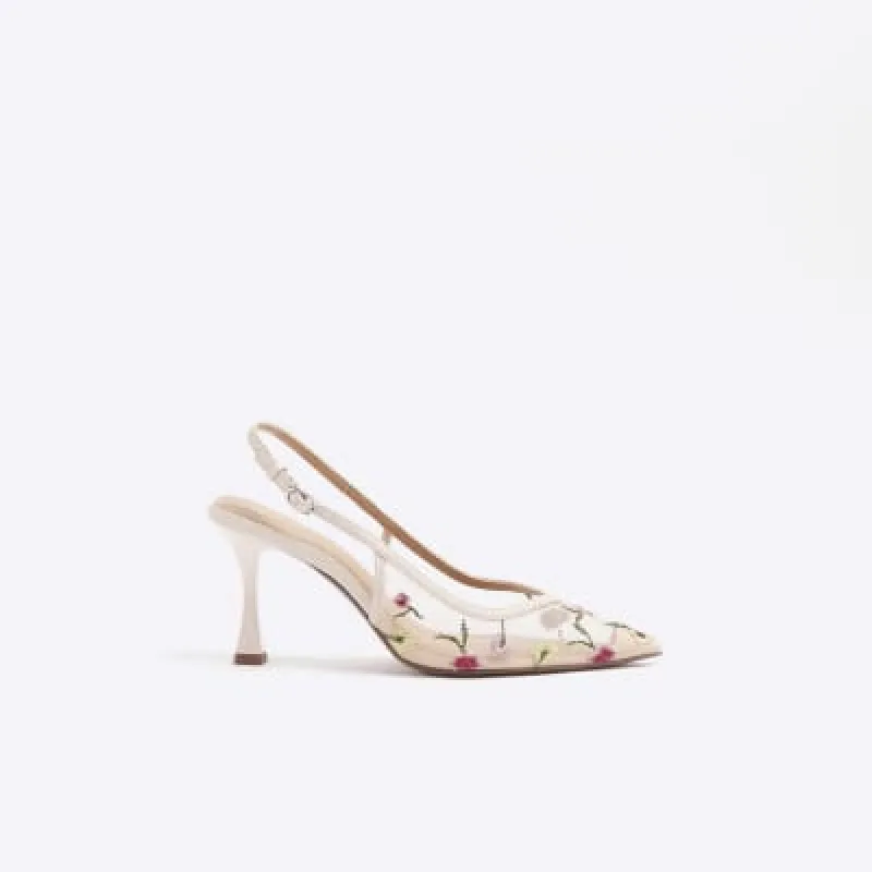 Pink embroidered floral heeled court shoes sold by River Island