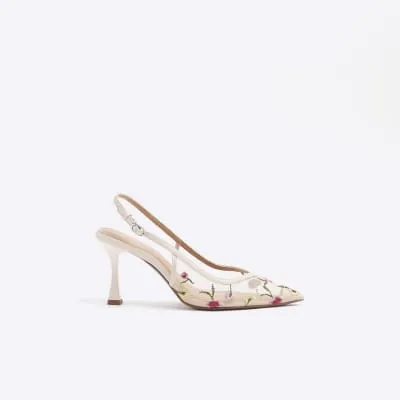 Pink embroidered floral heeled court shoes sold by River Island