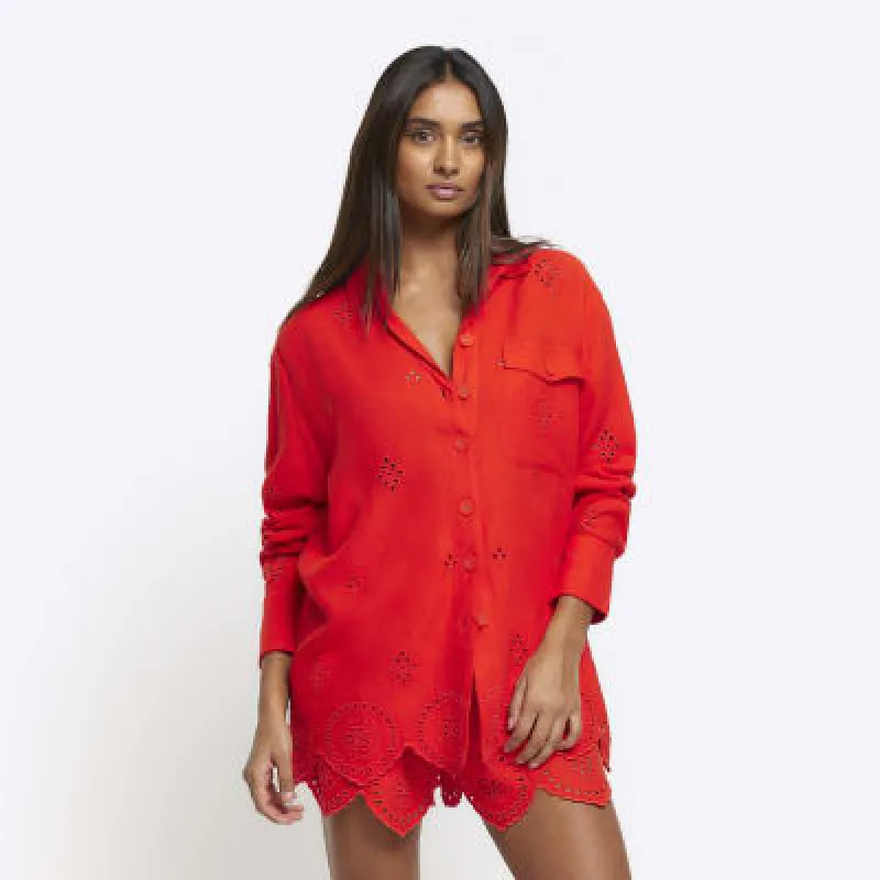 Red linen blend broderie detail shirt sold by River Island