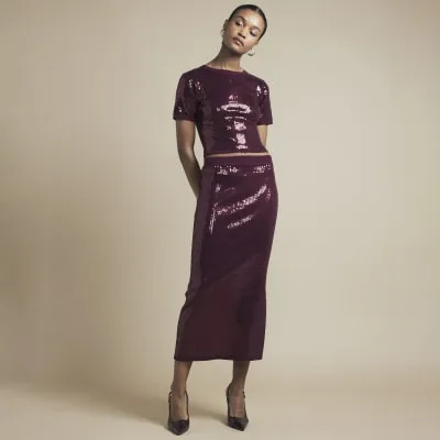 Red Knit Sequin Short Sleeve Top sold by River Island