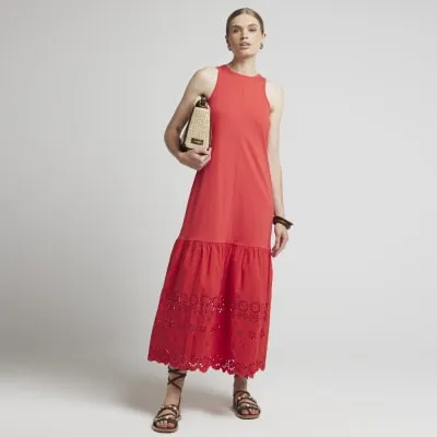 Red Broderie Hem Shift Midi Dress sold by River Island