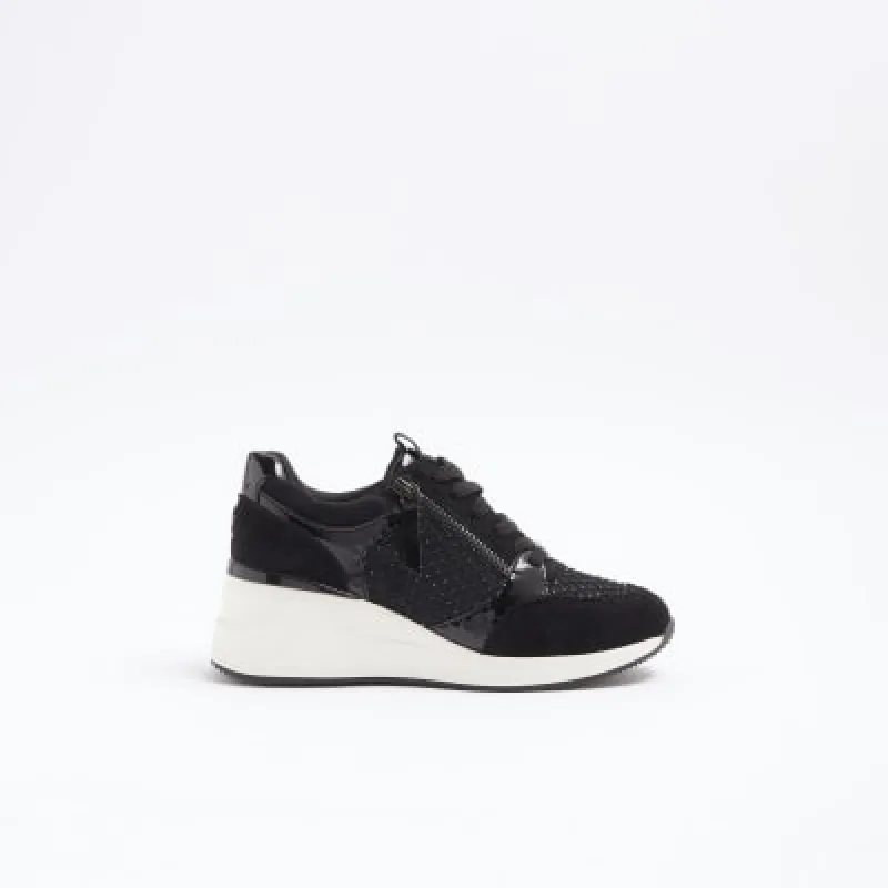 Black mesh panel zip wedge trainers sold by River Island
