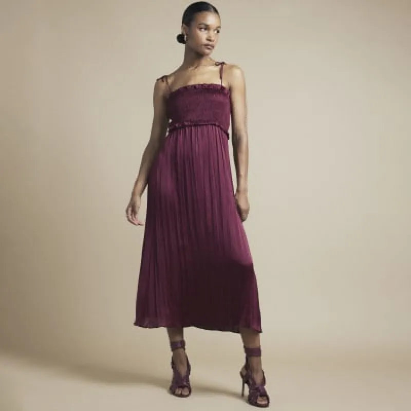 Red satin shirred slip midi dress sold by River Island