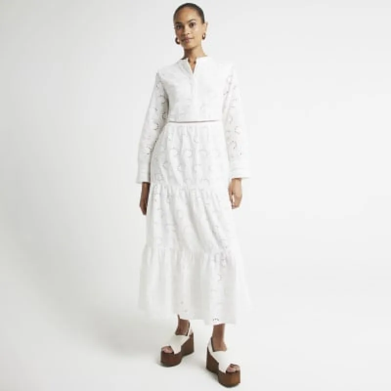 White Broderie Tiered Midi Shirt Dress sold by River Island