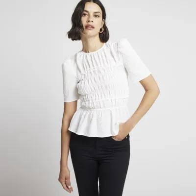Cream Shirred Peplum Top sold by River Island