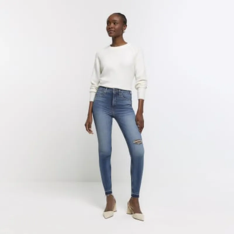 Blue ripped high waisted super skinny jeans sold by River Island