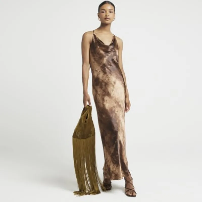 Brown satin cross back slip midi dress sold by River Island