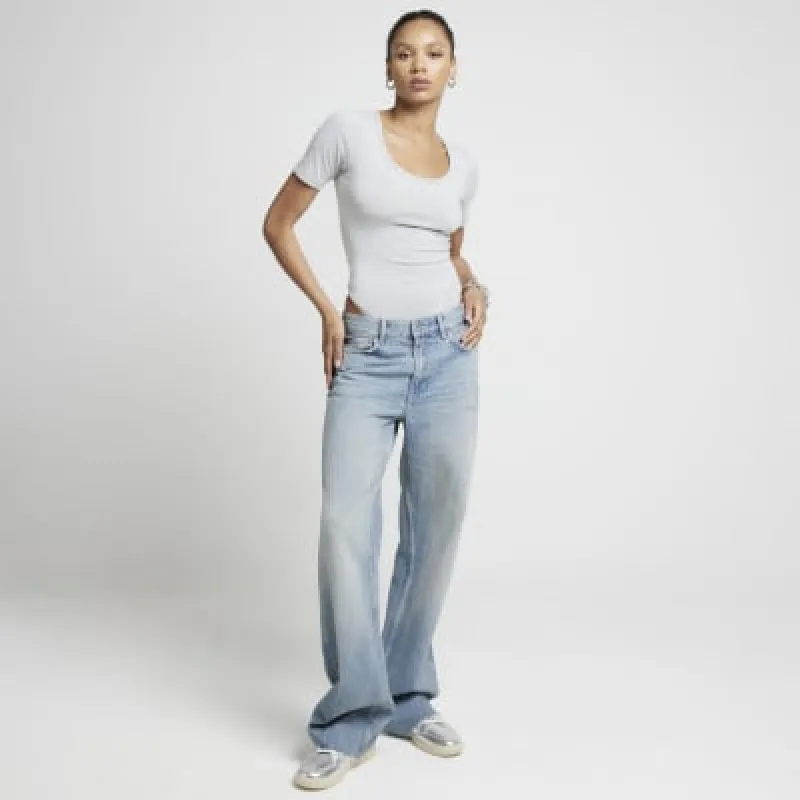 Grey Scoop Neck Short Sleeve Bodysuit sold by River Island