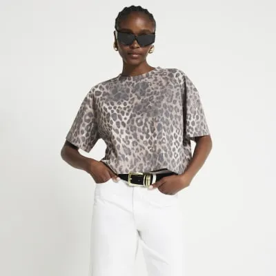Brown Cropped Leopard Print T-Shirt sold by River Island