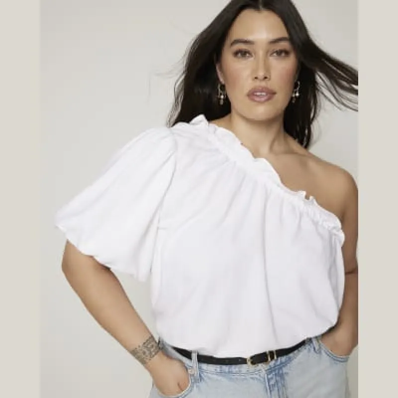 Plus white linen blend one shoulder top sold by River Island
