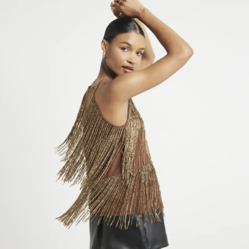 Brown Beaded Layered Cami Top sold by River Island