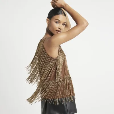 Brown Beaded Layered Cami Top sold by River Island