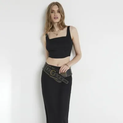 Black linen blend crop top sold by River Island
