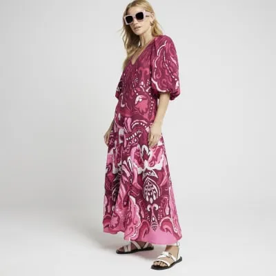 Pink abstract puff sleeve smock maxi dress sold by River Island