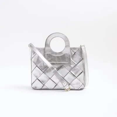 Silver leather weave circle handle tote bag sold by River Island