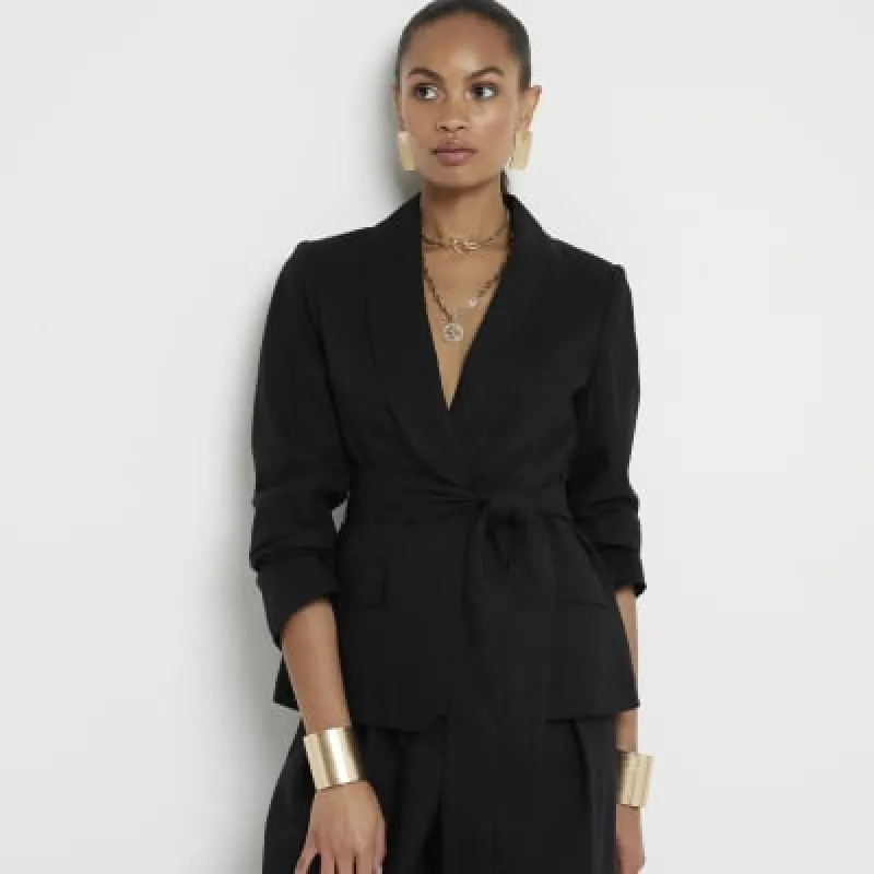 Black belted linen blend wrap blazer sold by River Island