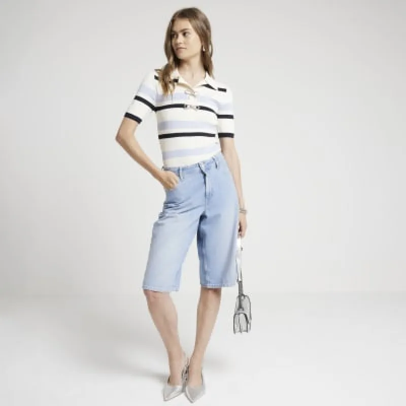 Blue knit stripe bow detail polo t-shirt sold by River Island