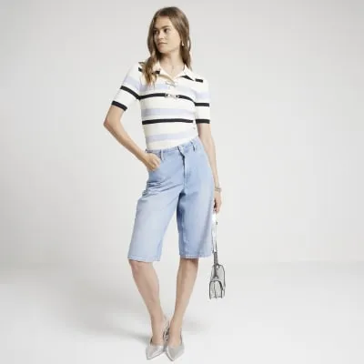 Blue knit stripe bow detail polo t-shirt sold by River Island