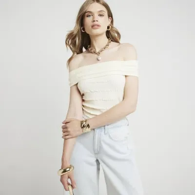 Cream Textured Bardot Top sold by River Island