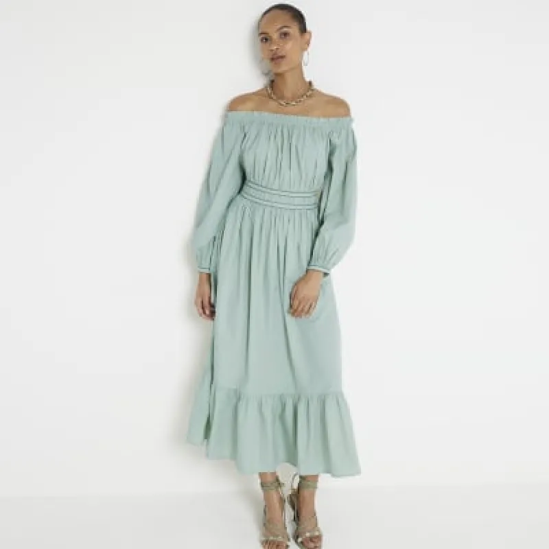 Khaki Ruched Bardot Swing Midi Dress sold by River Island
