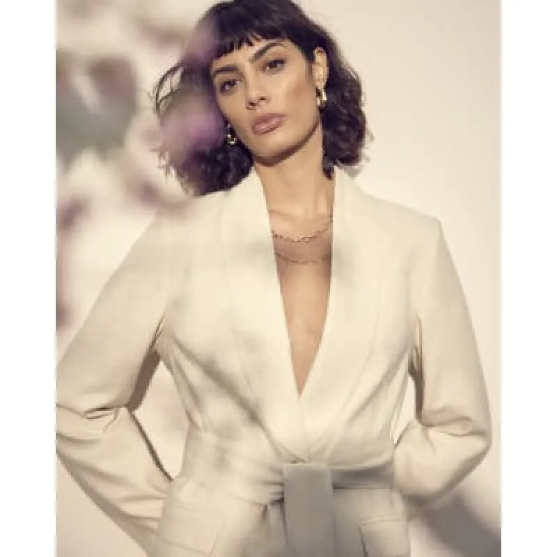 Cream belted linen blend wrap blazer sold by River Island