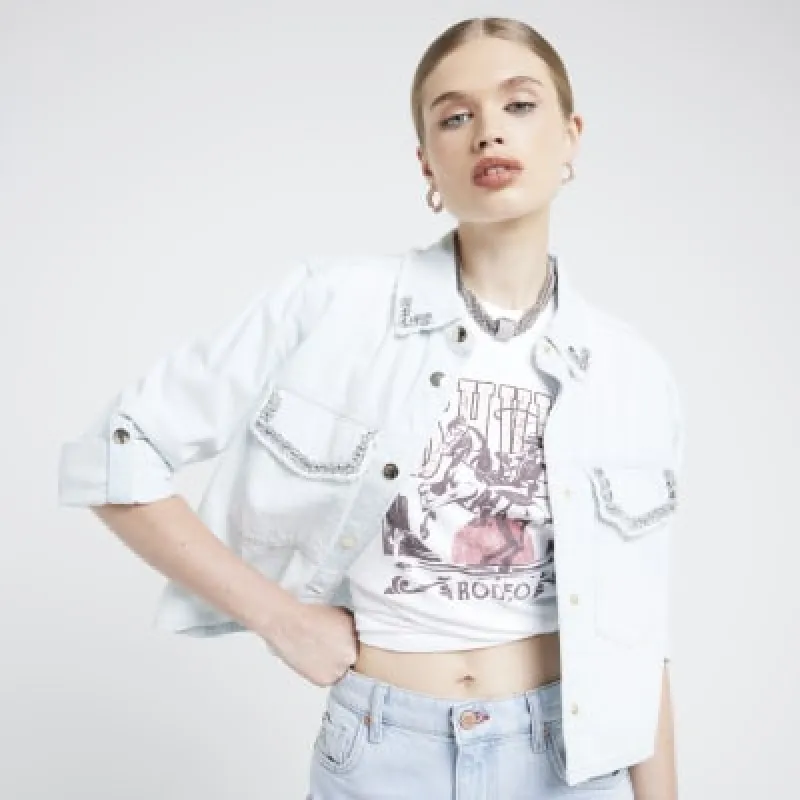 Denim embellished boxy crop shacket sold by River Island