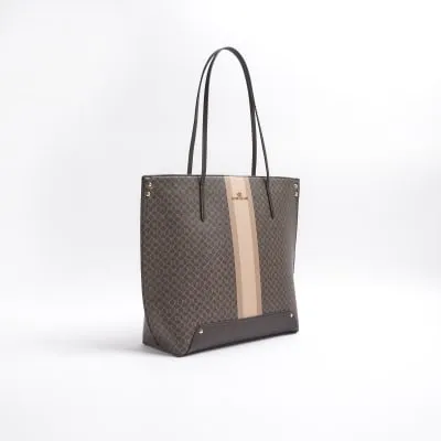 Brown RI monogram stripe shopper bag sold by River Island