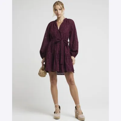 Red Broderie Belted Mini Shirt Dress sold by River Island