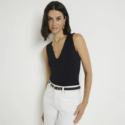 Black V Neck Bodysuit sold by River Island