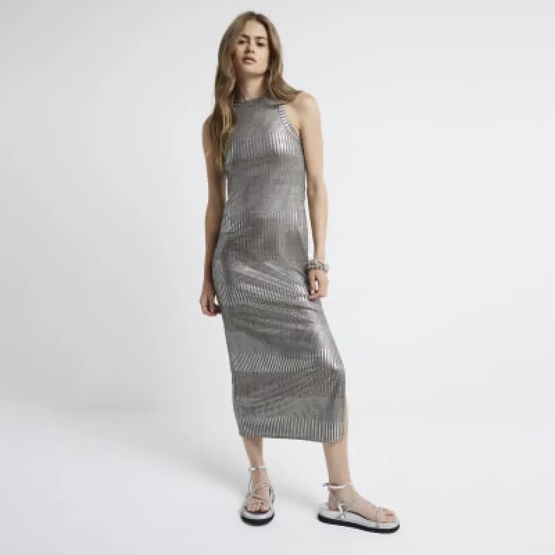Silver ribbed foil bodycon midi dress sold by River Island