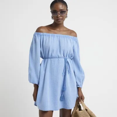 Blue textured bardot mini dress sold by River Island