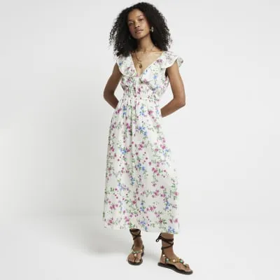Cream floral frill swing midi dress sold by River Island