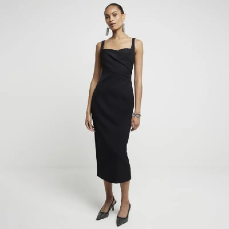 Black  Ruched Open Back Bodycon Midi Dress sold by River Island