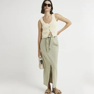 Khaki linen blend belted maxi skirt sold by River Island