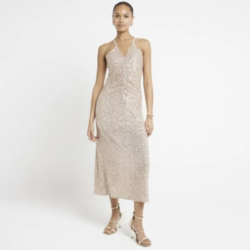 Rose gold sequin ruched slip midi dress sold by River Island