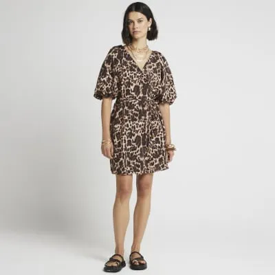 Brown leopard print belted swing mini dress sold by River Island