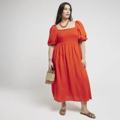 Plus Red shirred waisted midi dress sold by River Island