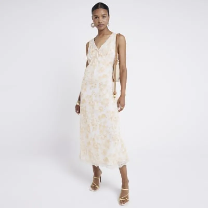Orange floral lace trim slip midi dress sold by River Island